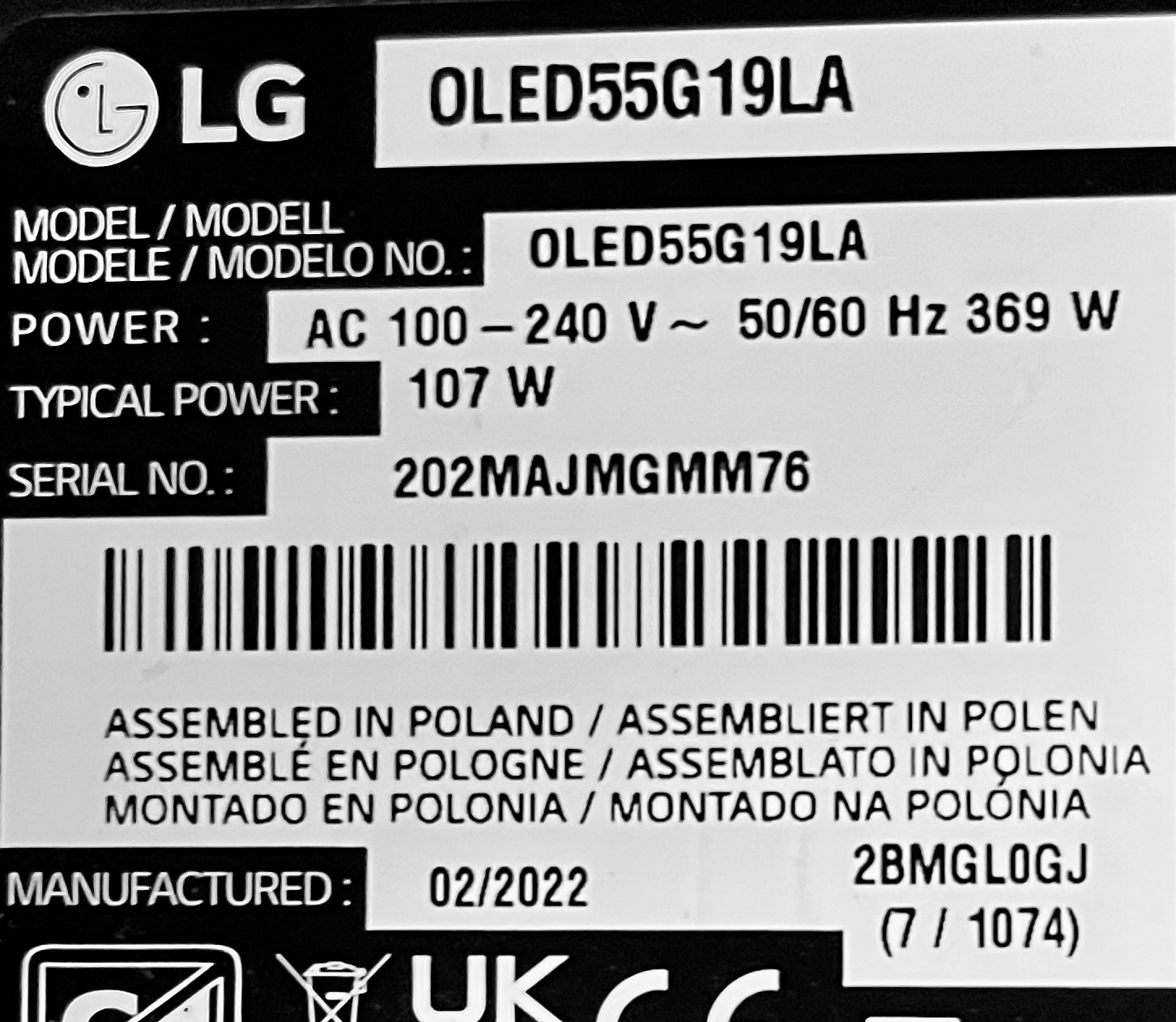 LG OLED55G19LA Typenschild bei Fernsehreparatur und Diagnose in Düsseldorf