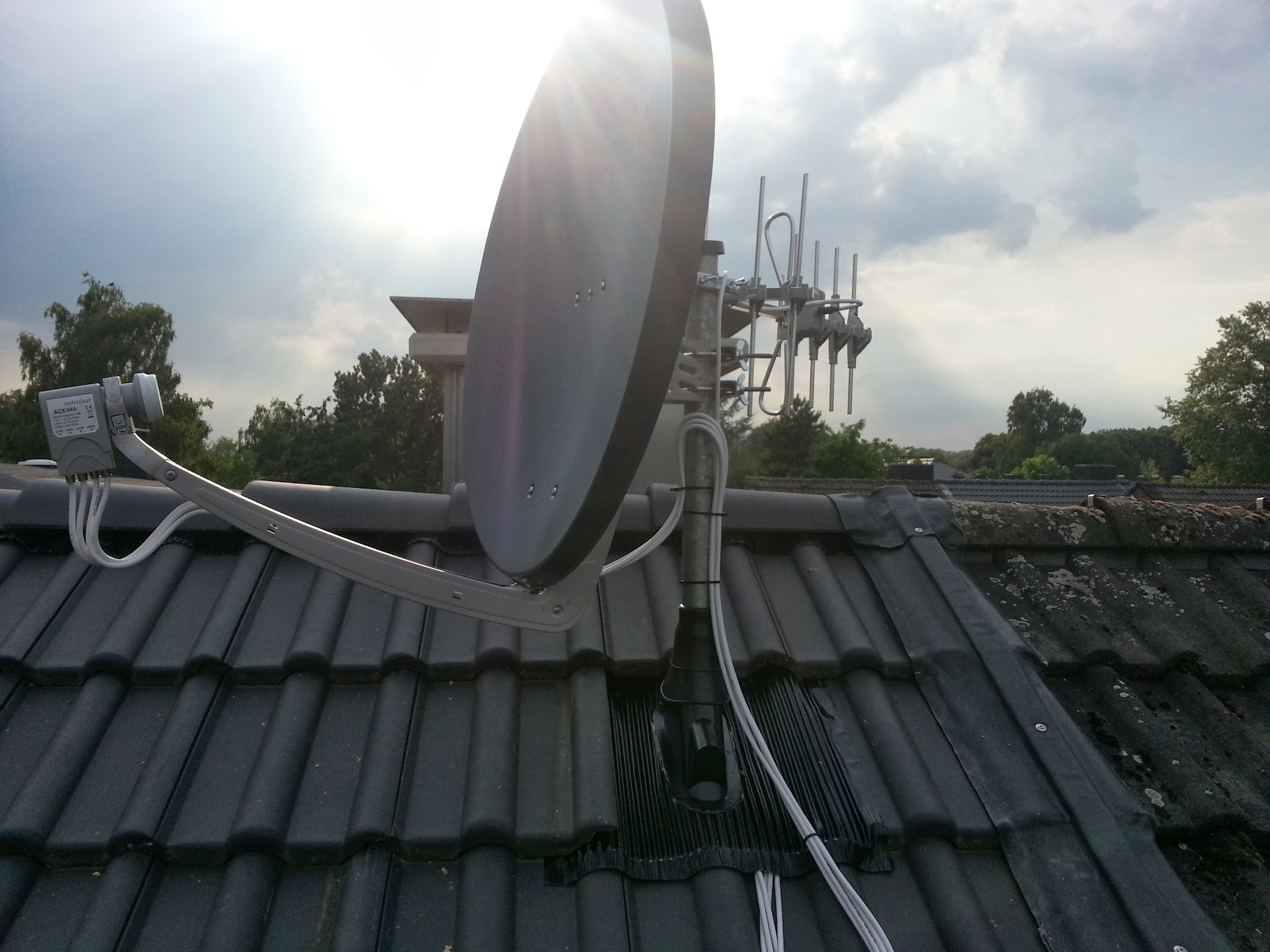 Satellitenschüssel auf Hausdach installiert für optimalen TV Empfang und stabile Signalqualität